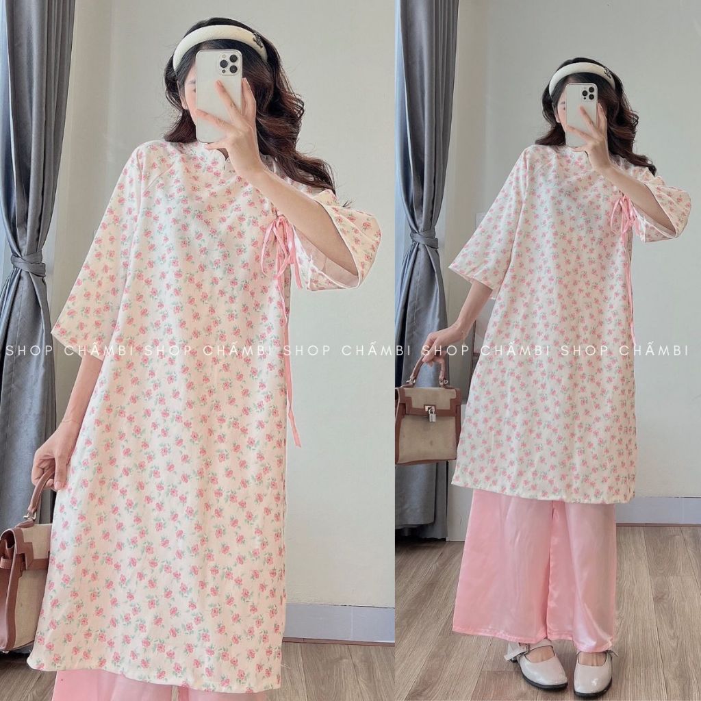 Áo dài nữ cách tân S.105, Set áo dài hoa nhí kèm quần mặc tết 6 màu cực xinh - Thời trang nữ Chấm Bi