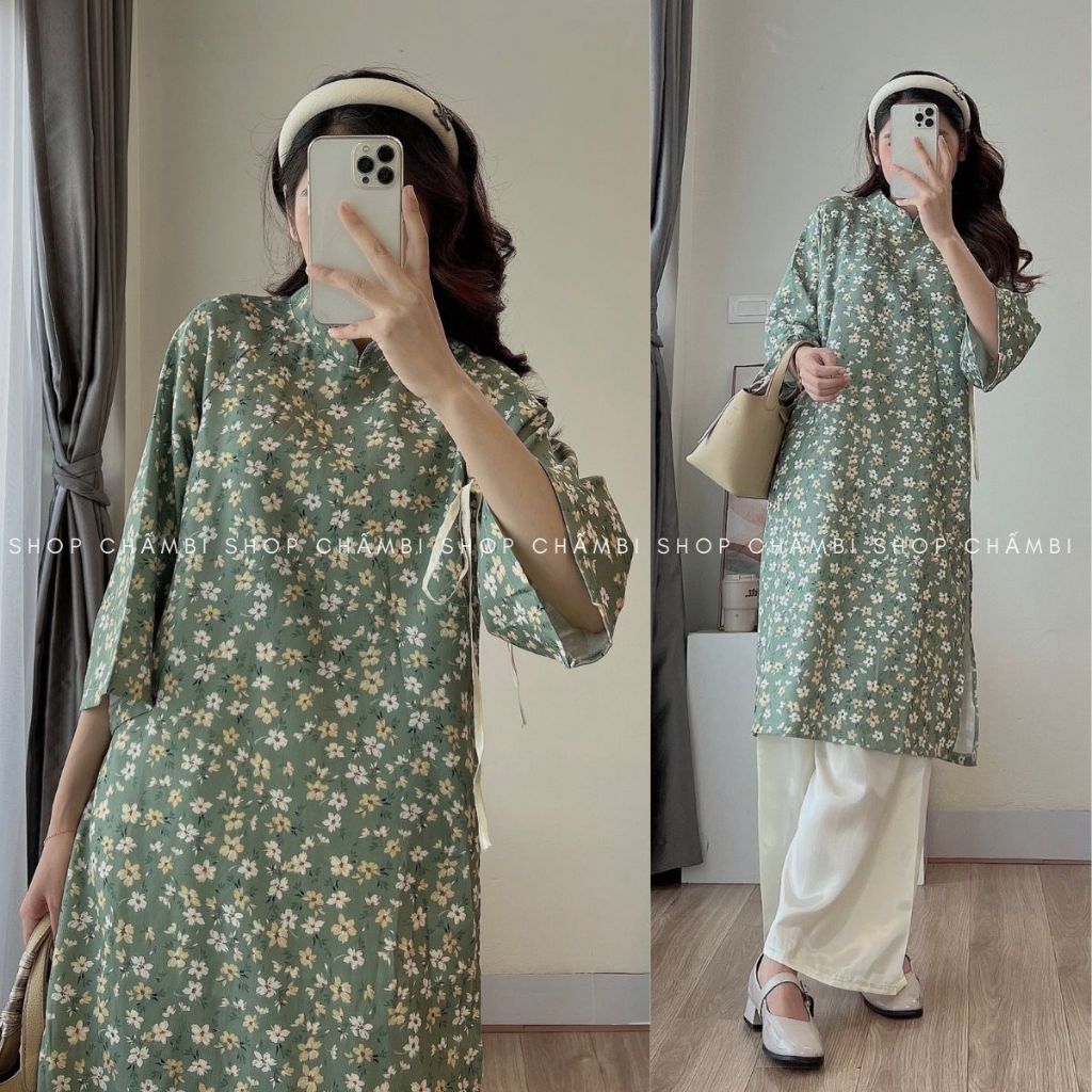 Áo dài nữ cách tân S.105, Set áo dài hoa nhí kèm quần mặc tết 6 màu cực xinh - Thời trang nữ Chấm Bi