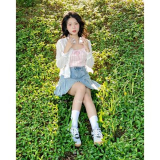 Pink Cake Set - Áo Caro Hồng, Cardigan Trắng & Chân Váy Ahri Jean (Ảnh thật Chérii chụp)