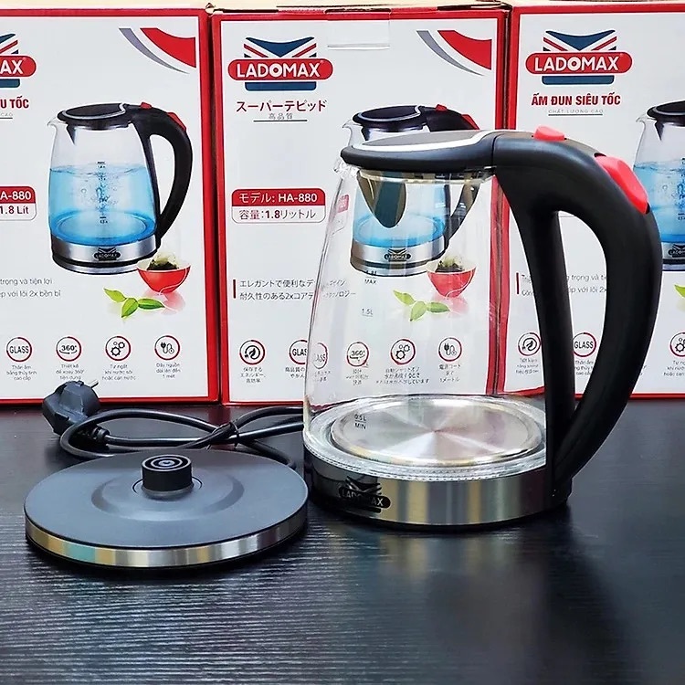Ấm siêu tốc THỦY TINH Ladomax HA-880 DUNG TÍCH 1.8L