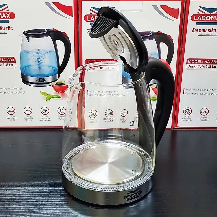 Ấm siêu tốc THỦY TINH Ladomax HA-880 DUNG TÍCH 1.8L
