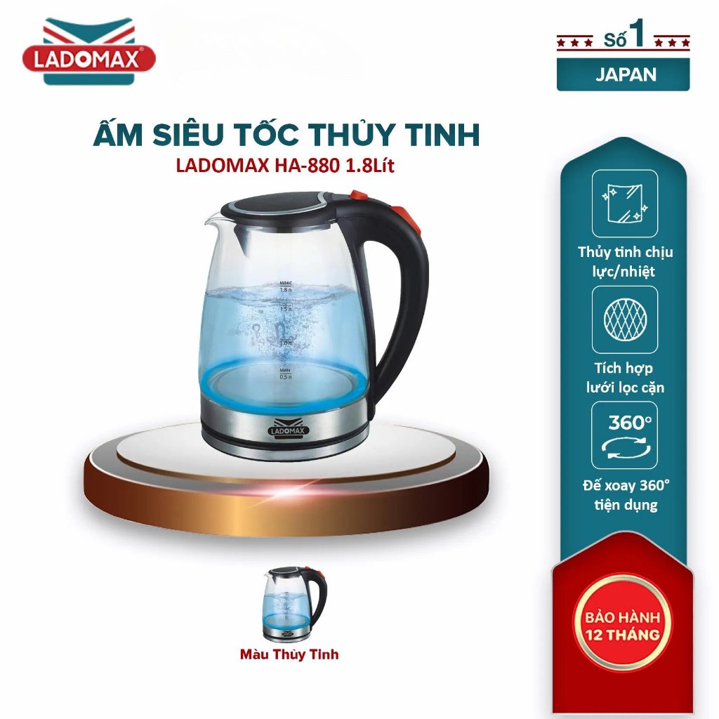 Ấm siêu tốc THỦY TINH Ladomax HA-880 DUNG TÍCH 1.8L