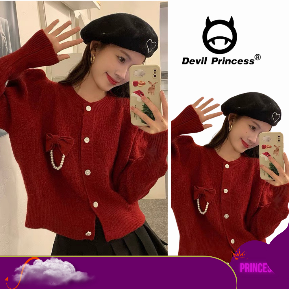 Áo cardigan len nữ màu đỏ cúc ngọc kèm nơ ngực tiểu thư DELIZ len giáng sinh mùa đông Devil Princess