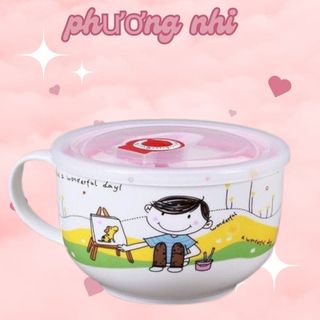 Ly sứ ăn mì có quai có nắp đậy chân không in hình ngẫu nhiên