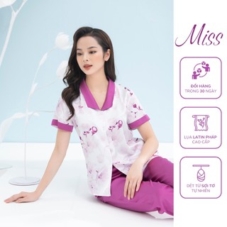 Bộ đồ ngủ lụa cao cấp, bộ pijama nữ lụa Latin Pháp cộc tay Họa tiết trang nhã - Miss