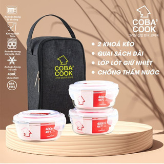 Bộ 3 Hộp Đựng Cơm Trữ Thức Ăn Thủy Tinh COBA'COOK 400ml Hình Tron 400ml + Túi Giữ Nhiệt - CCR43BL