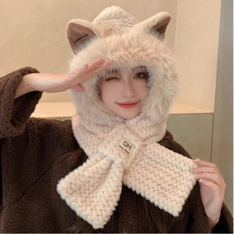 Mũ len nữ lông cừu kèm khăn quàng cổ, nón len mùa đông giữ ấm tai mèo đáng yêu SLEEPYCHIC phong cách Hàn Quốc