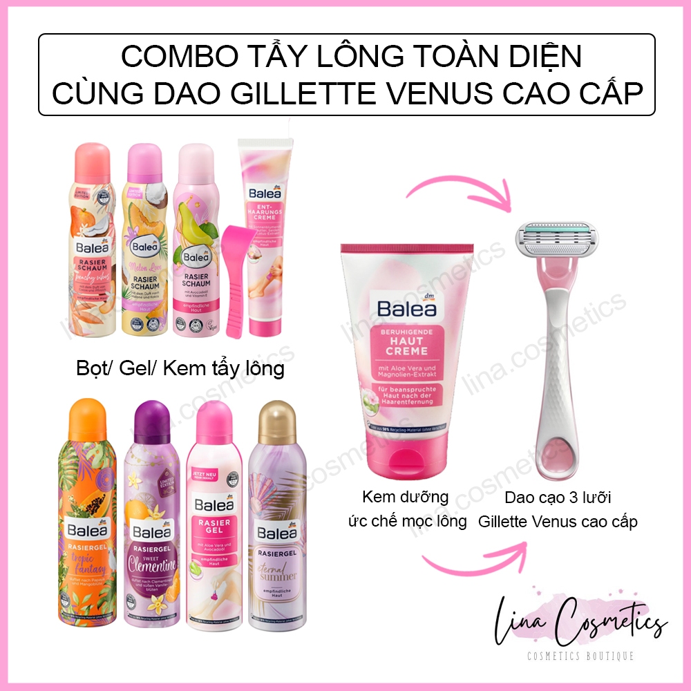 Combo tẩy lông toàn diện,kem tẩy lông , bọt cạo lông , kem dưỡng sau cạo và dao cạo gillette 3 lưỡi kép sensitive.