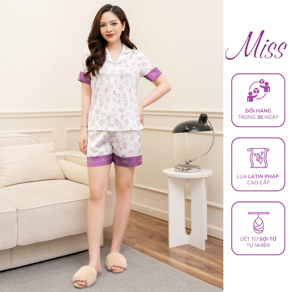 Bộ đồ ngủ lụa pyjama lụa mặc nhà kiểu dáng cộc tay quần đùi chất latin Pháp cao cấp - CC