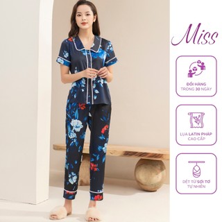 Bộ đồ mặc nhà nữ chất lụa Latin Pháp cao cấp kiểu pijama Tay cộc quần dài Miss viền ren CD