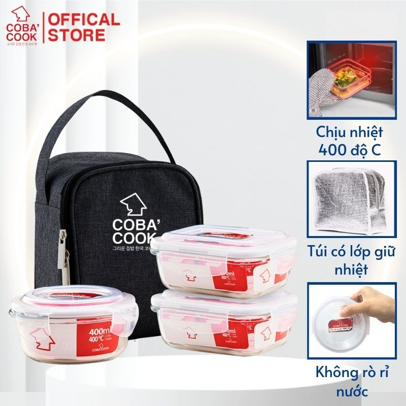 Bộ hộp đựng cơm thủy tinh COBA'COOK 2 hộp chữ nhật 370ml và 1 hộp tròn 400ml + 1 túi giữ nhiệt- CCR4L33BS