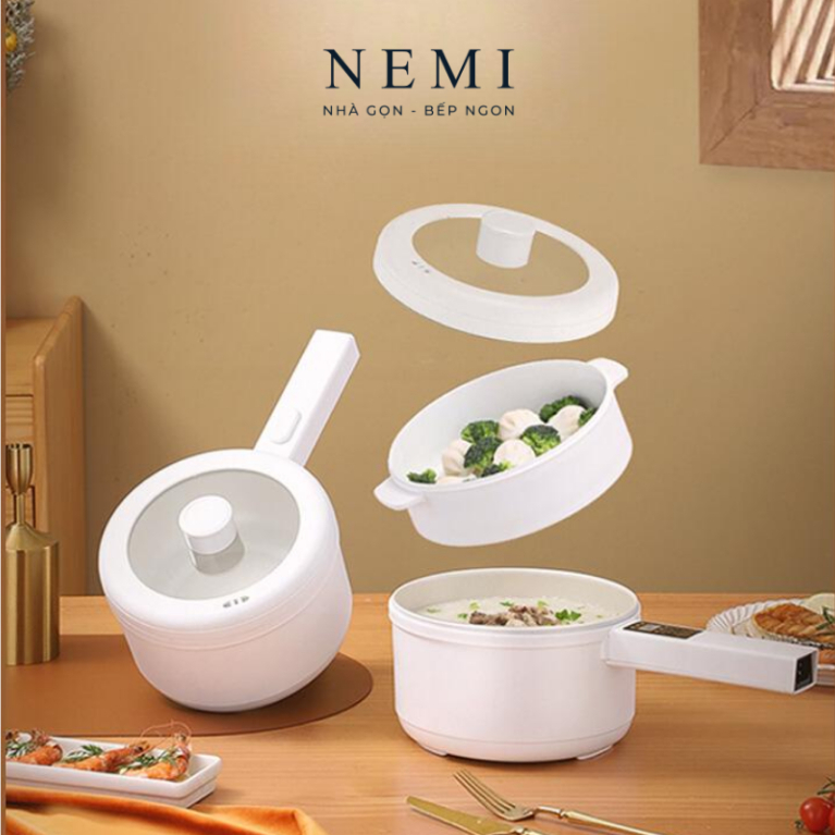 Nồi điện đa năng có tay cầm dung tích 3L kèm khay hấp 2,4L, nồi lẩu điện chống dính, nồi nấu, xào, chiên, rán, nấu cơm