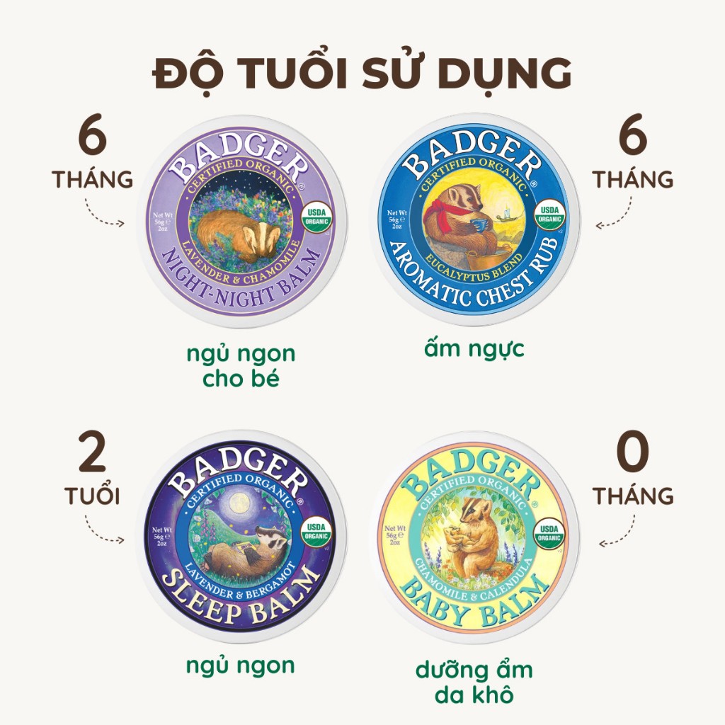 Combo 2 sáp dầu ấm ngực hữu cơ BADGER organic Chest Rub balm - giảm ho nghẹt mũi an toàn cho em bé từ 6 tháng 21g 56g