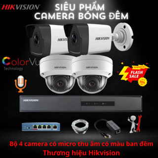 [Có Mic +Màu đêm ]Trọn bộ 4 camera ip poe hikvision 4M 2K Full HD 1080P siêu nét hàng chính hãng -kèm 60 mét dây mạng