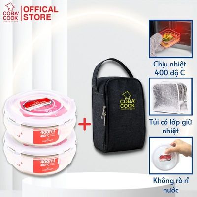 Bộ 2 Hộp Thủy Tinh Chịu Nhiệt COBACOOK 400ml Kèm Túi Giữ Nhiệt -CCR42BL