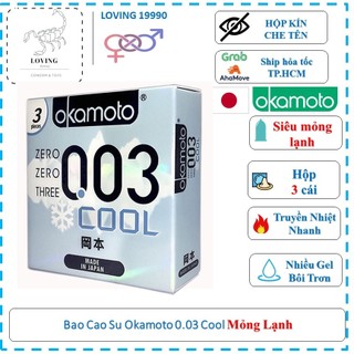 Bao cao su okamoto 0.03 cool siêu mỏng bóng láng mát lạnh hộp 3 cái