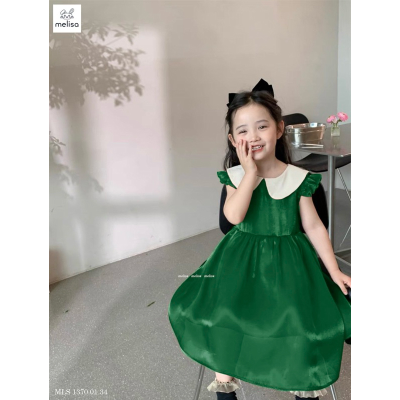 Đầm Melisa đỏ - xanh cổ bèo trắng bé gái Noel-Tết
