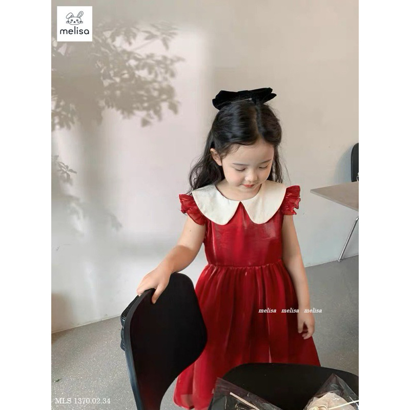 Đầm Melisa đỏ - xanh cổ bèo trắng bé gái Noel-Tết