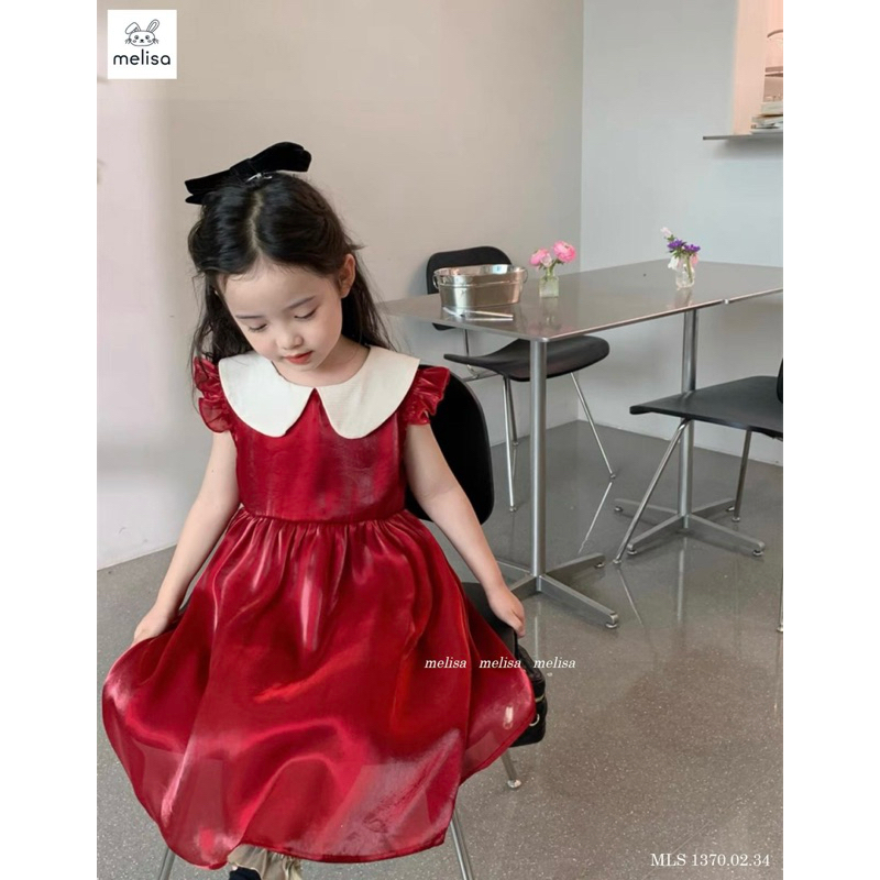 Đầm Melisa đỏ - xanh cổ bèo trắng bé gái Noel-Tết