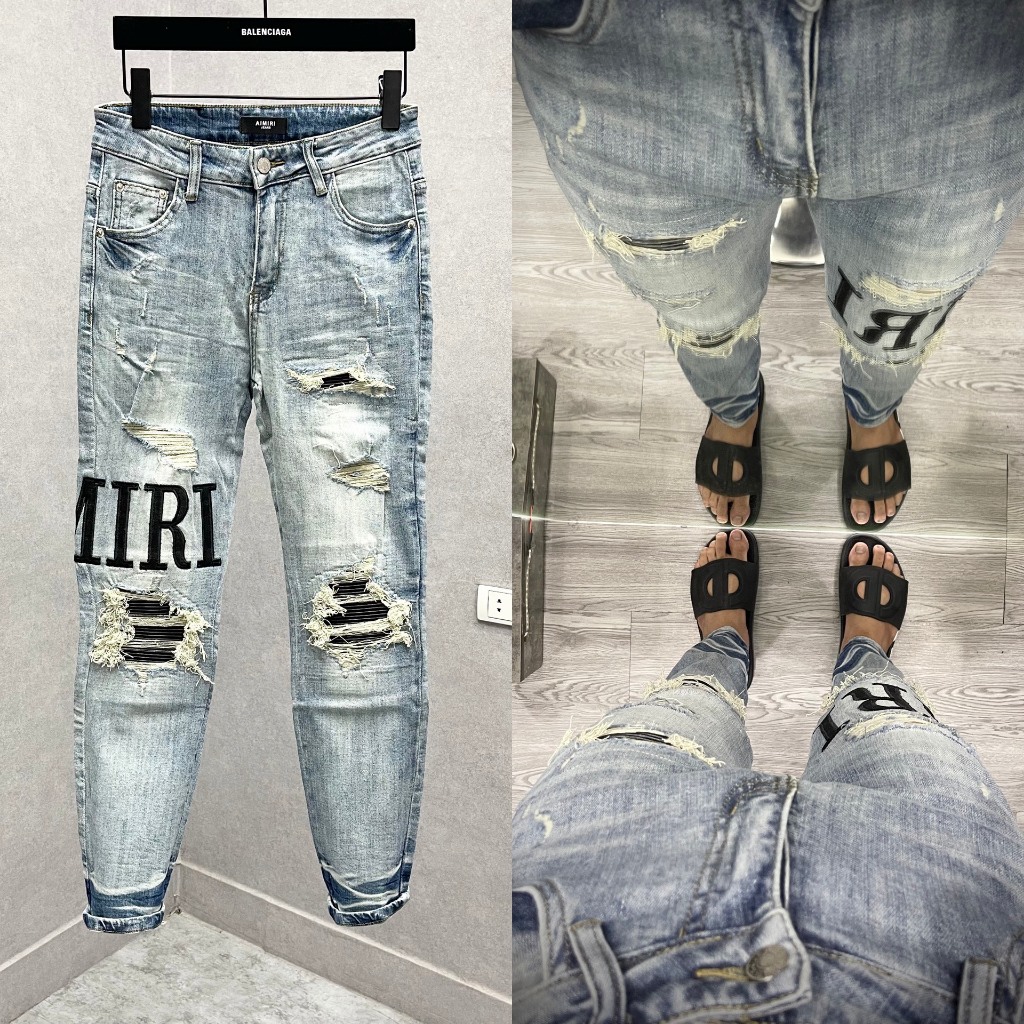 Quần jean bò nam slimfit Amiri wash xanh bạc rách xù vá da nhăn đen thêu chữ đùi ống xếp sóng cao cấ