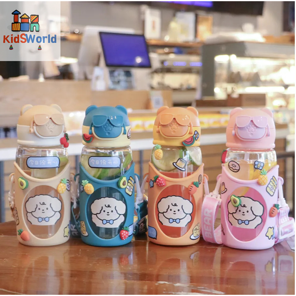 Bình Nước Giữ Nhiệt 520ml Inox 316, Bình Nhựa, Hoạ tiết Hình Gấu, Bình Đựng Nước Bé Trai, Bé Gái có Dâ