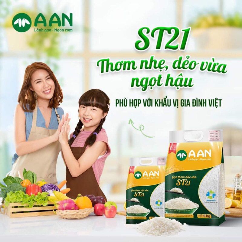 Gạo ST21 A AN Túi 5Kg - Đặc sản Sóc Trăng - Thơm hoa lài nhẹ, cơm ngọt, rất dẻo, để nguội vẫn mềm | BigBuy360 - bigbuy360.vn