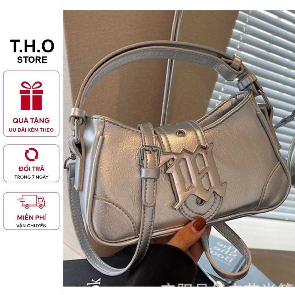 Túi xách nữ, túi đeo chéo da nhăn bóng kẹp nách khóa kim loại chữ M K247