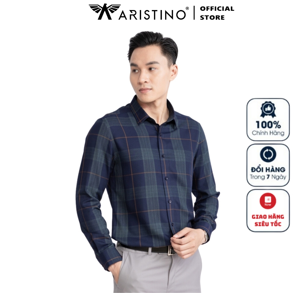Áo sơ mi nam dài tay ARISTINO ALS23903 somi công sở cao cấp màu xanh tím than kẻ vải sợi tre dáng ôm tà lượn không túi