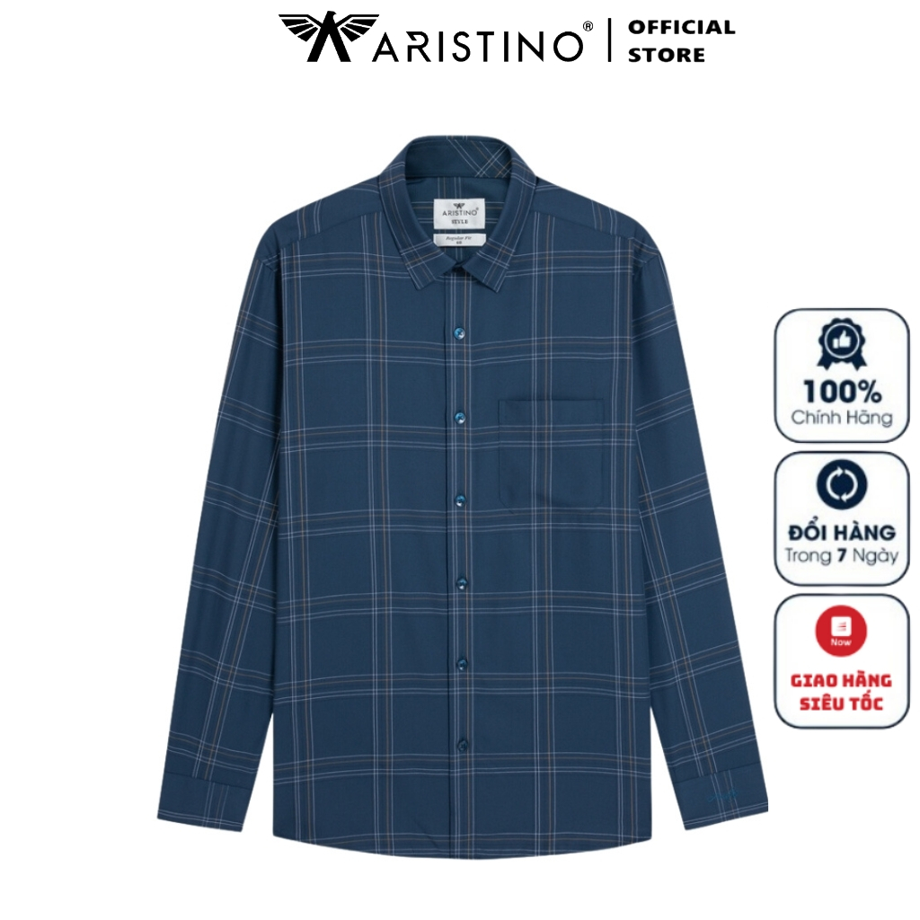 Áo sơ mi nam dài tay ARISTINO ALS10203 somi công sở cao cấp màu xanh kẻ trắng vải sợi tre dáng suông tà lượn có túi
