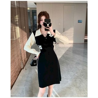 Đầm len hoa cổ sơ mi tay dài cao cấp
