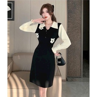 Đầm len hoa cổ sơ mi tay dài cao cấp