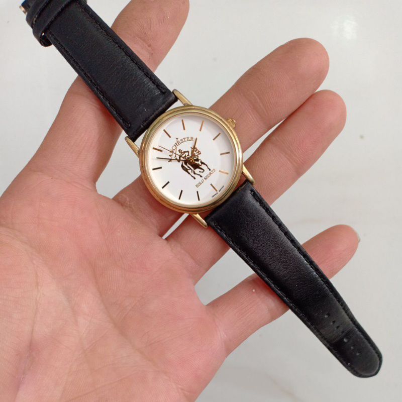 đồng hồ nam nữ si nhật dây da hiệu POLO SPORTS MANCHESTER mạ vàng phù hợp nam tay nhỏ với nữ tay to