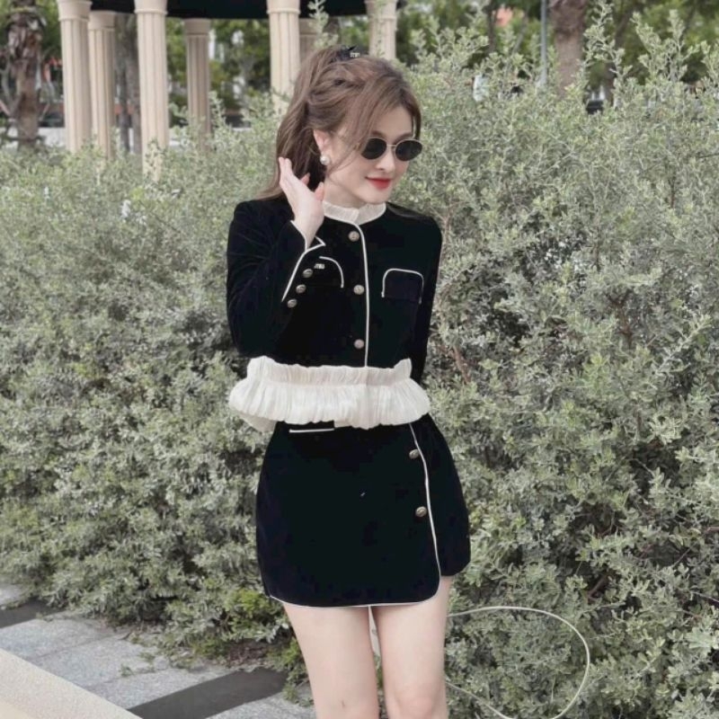 Set váy tiểu thư chất nhung xịn xò phối lai voan đính nút cực sang chảnh fom bao xinh