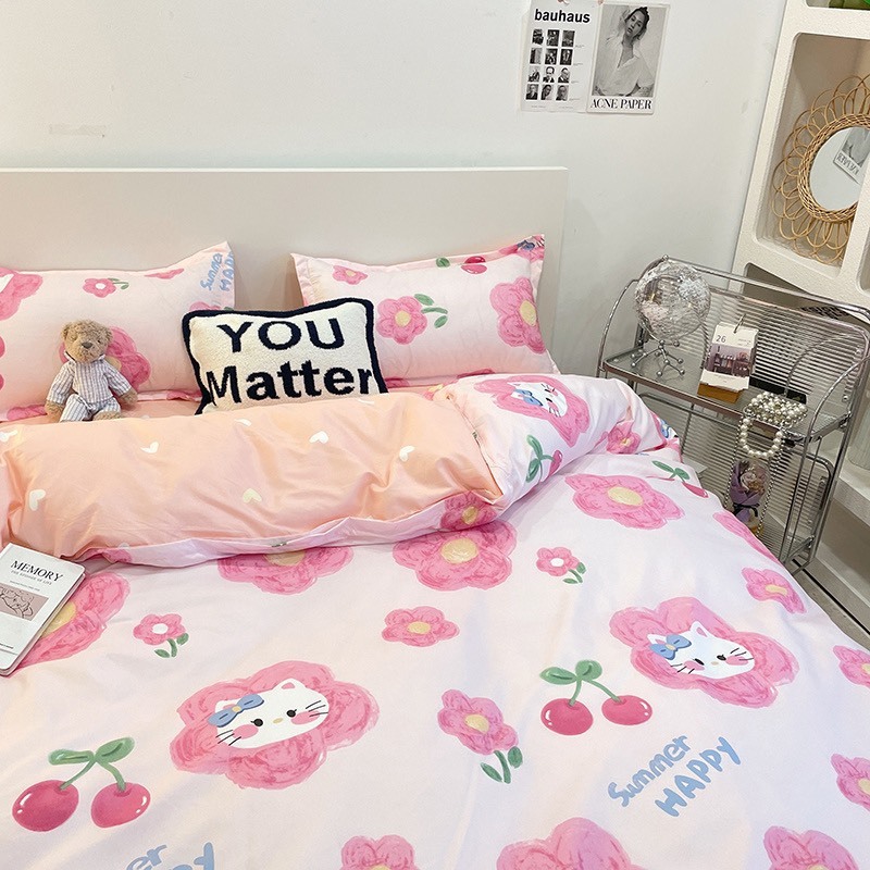 Bộ chăn ga gối Cotton Poly Lidaco Kitty chery hồng nhạt