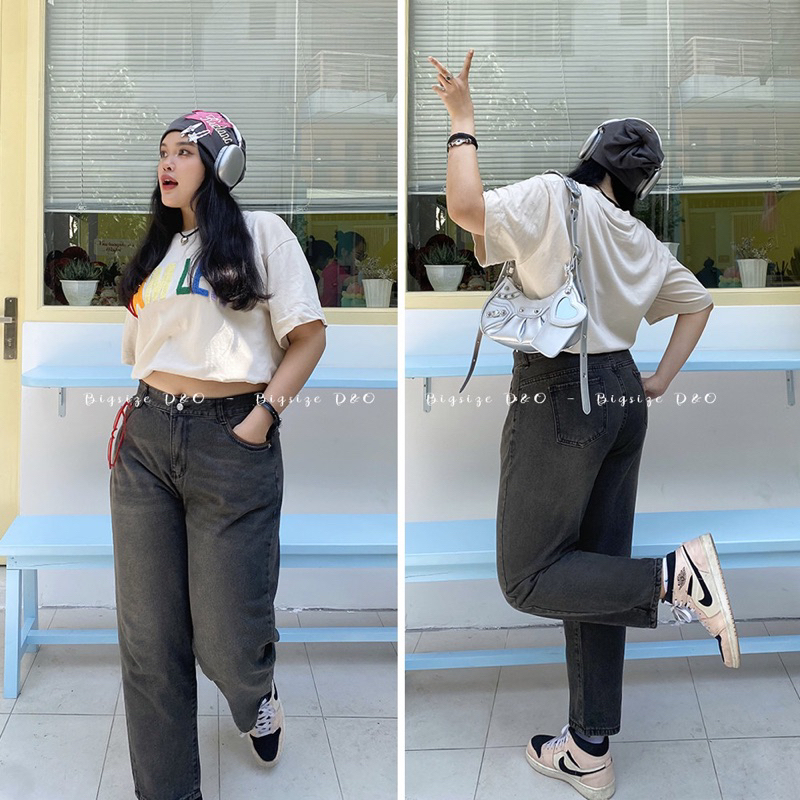 Quần baggy jeans nữ bigsize phối viền túi 2 màu xám/ xanh hợp thời trang, lưng cao, không giãn