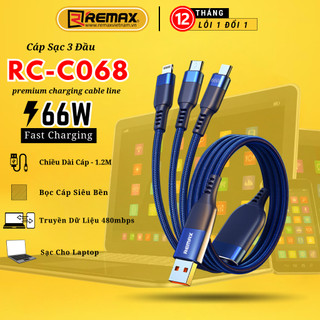Cáp sạc nhanh 3 đầu remax rc-c068 pd66w qc3.0 sạc cho laptop và tab - remax việt nam bảo hành 12 tháng 1 đổi 1