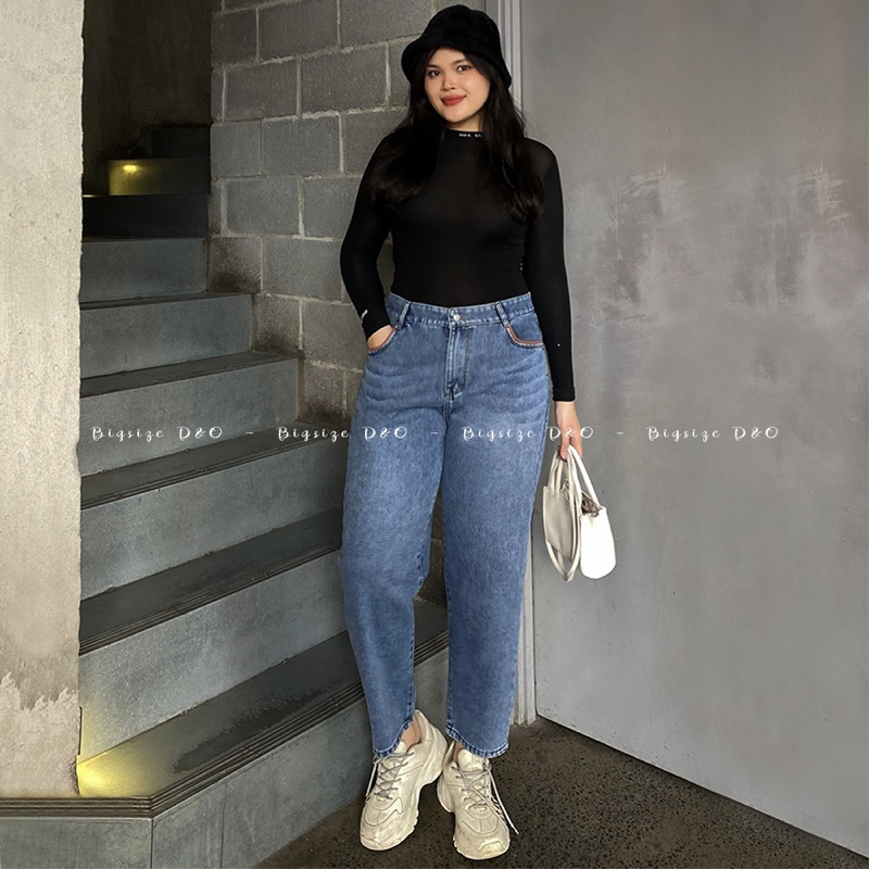 Quần baggy jeans nữ bigsize phối viền túi 2 màu xám/ xanh hợp thời trang, lưng cao, không giãn