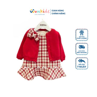 Set váy dạ đỏ tiểu thư kèm áo khoác len cadigan nơ xinh cho bé