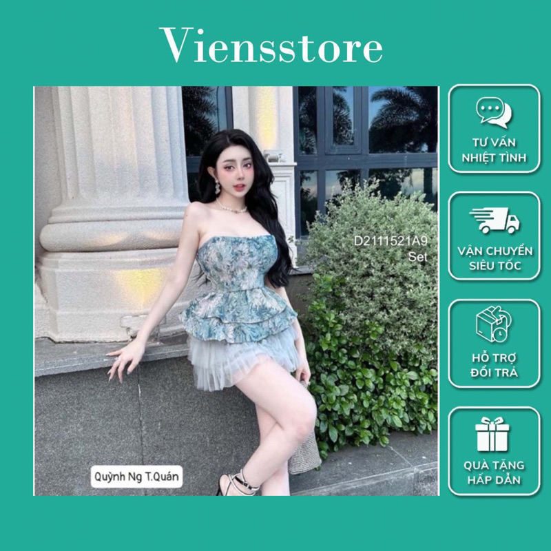 Set bộ áo ống họa tiết tùng xòe phối chân váy lưới tầng sang trọng VIENS STORE