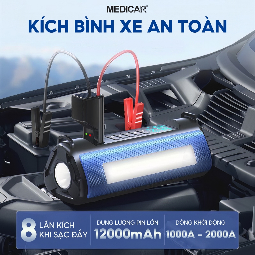 Bơm lốp kích bình 4 trong 1 Medicar. Bơm lốp ô tô tốc độ cao, bộ kích bình xe hơi an toàn, đèn chiếu sáng, sạc dự phòng
