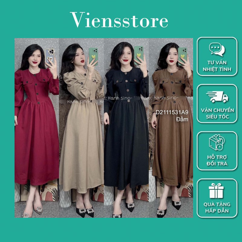 Đầm xòe tay dài cổ tròn phối túi nắp sang trọng VIENS STORE