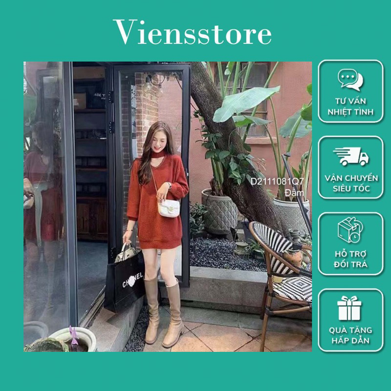 Đầm len cổ khoét trái tim, đầm suông tay dài cổ cao sang trọng VIENS STORE