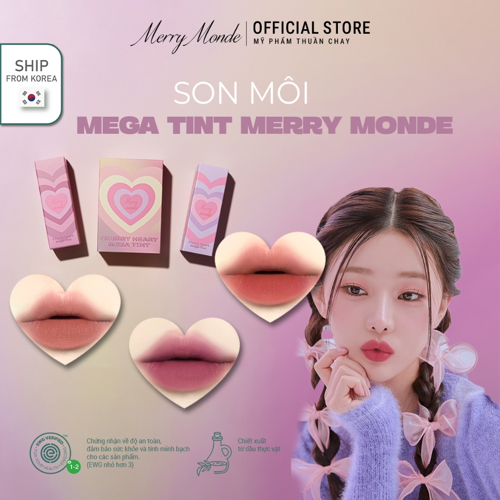 Son môi kem Tint nude Hàn Quốc chính hãng Merry Monde Cherry Heart Mega, lipstick vegan thuần chay tự nhiên, không chì.