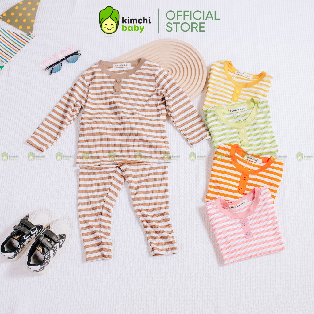 Đồ Bộ Bé Trai, Bé Gái KIMCHIBABY Vải Thun Gân Hoạ Tiết Sọc Ngang Cúc Cổ, Bộ Quần Áo Trẻ Em Thu Đông KWTD2105