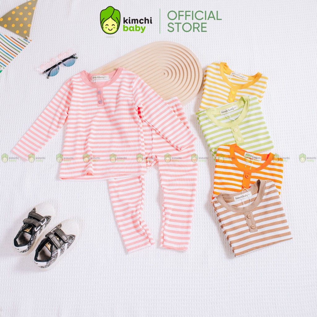 Đồ Bộ Cho Bé Gái, Bé Trai KIMCHIBABY Vải Thun Gân Hoạ Tiết Kẻ Ngang Đính Cúc, Bộ Dài Tay Cho Bé Mặc Nhà Thu Đông KCTD318
