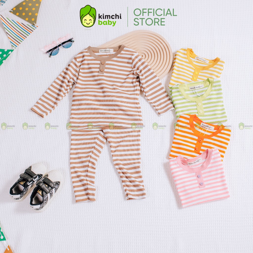 Bộ Dài Tay Cho Bé Trai, Bé Gái KIMCHIBABY Vải Thun Gân Hoạ Tiết Kẻ Ngang Đính Cúc, Đồ Bộ Cho Bé Mặc Thu Đông KCTD318