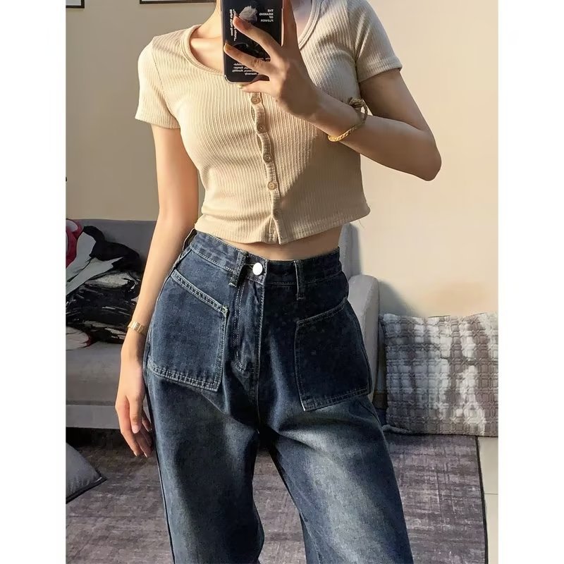 Quần Jean nữ ống rộng cạp cao MIAA Quần Bò jeans nữ đen xám phong cách Retro Ulzzang 2023