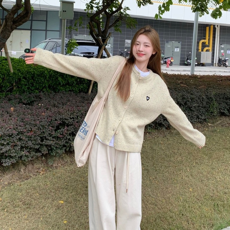 Áo len muối tiêu tay dài cổ tròn dáng rộng cài khuy vintage nhiều màu