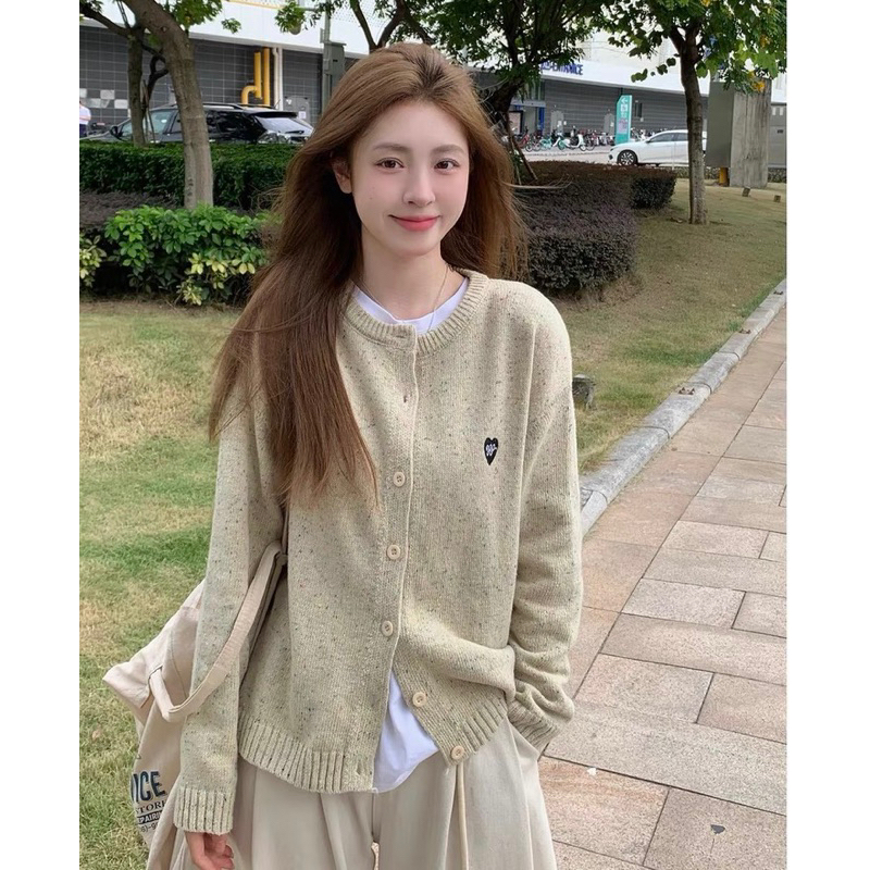 Áo len muối tiêu tay dài cổ tròn dáng rộng cài khuy vintage nhiều màu