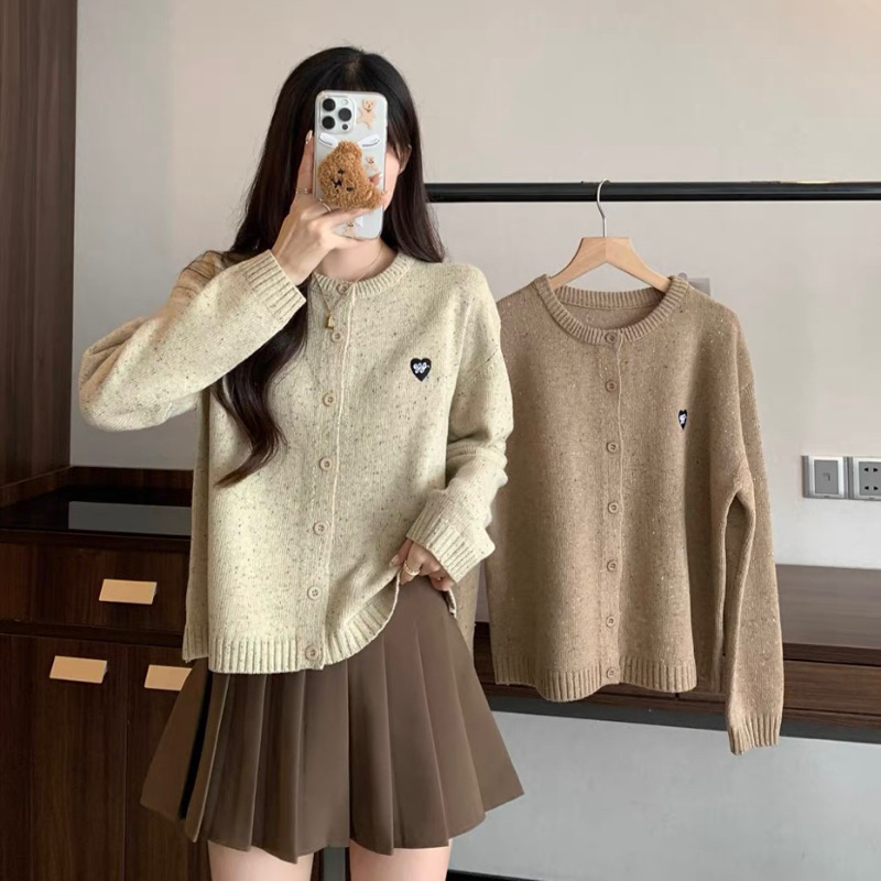 Áo len muối tiêu tay dài cổ tròn dáng rộng cài khuy vintage nhiều màu